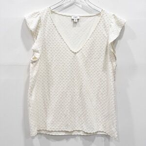J. Crew White V-Neck Flutter Sleeve Textured Dot Top Medium